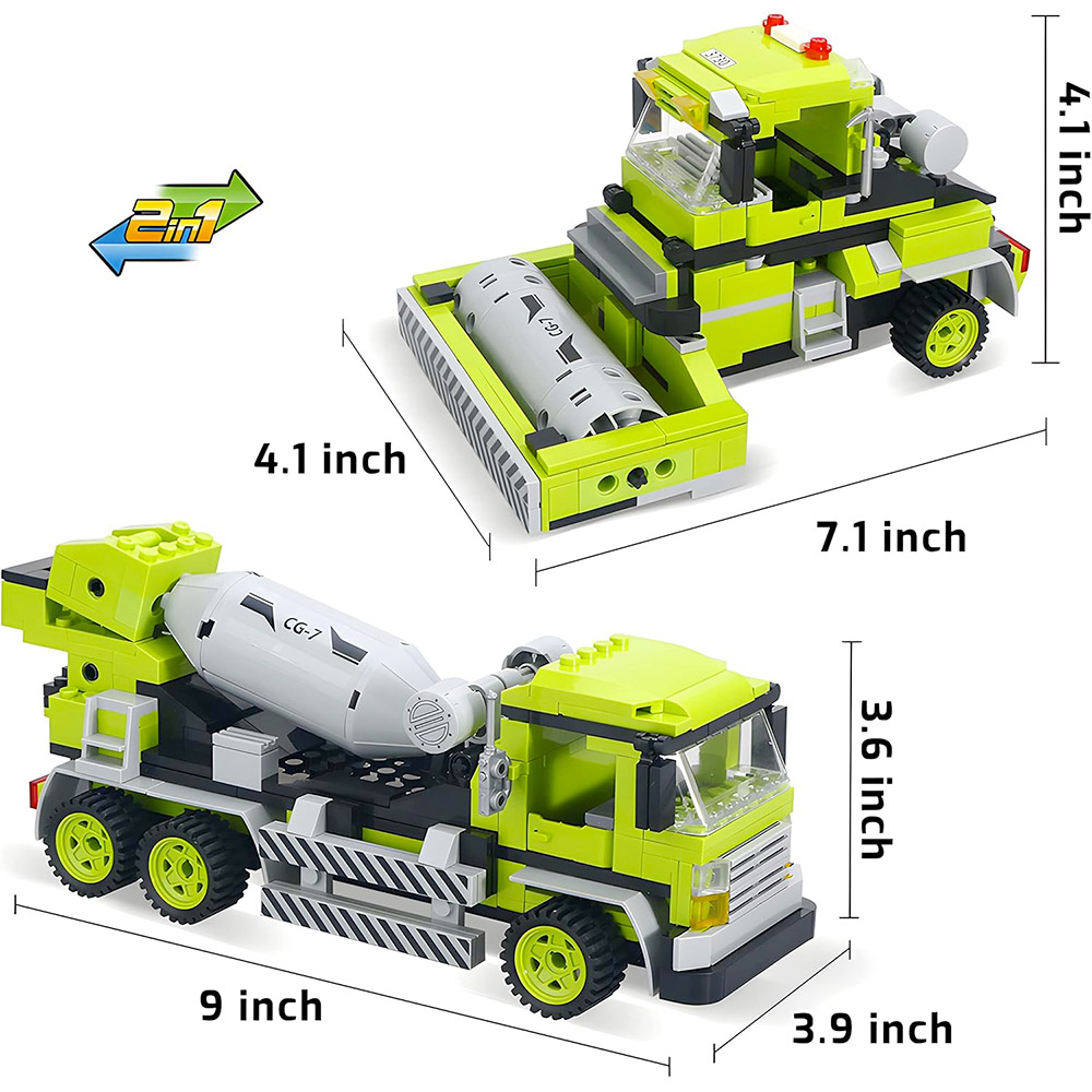 Camion Betoniera E Rullo Compressore Da 369 Mattoncini Compatibili Mezzi Misure